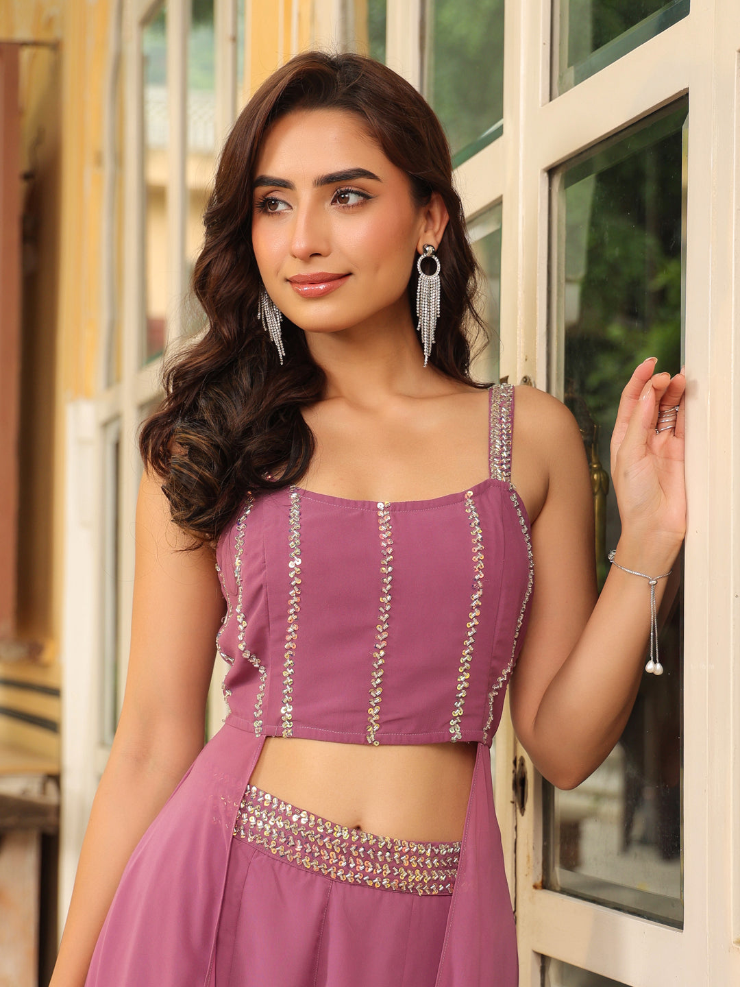 Lavender Georgette Embellished Flared Co-Ord Set  - By Janasya