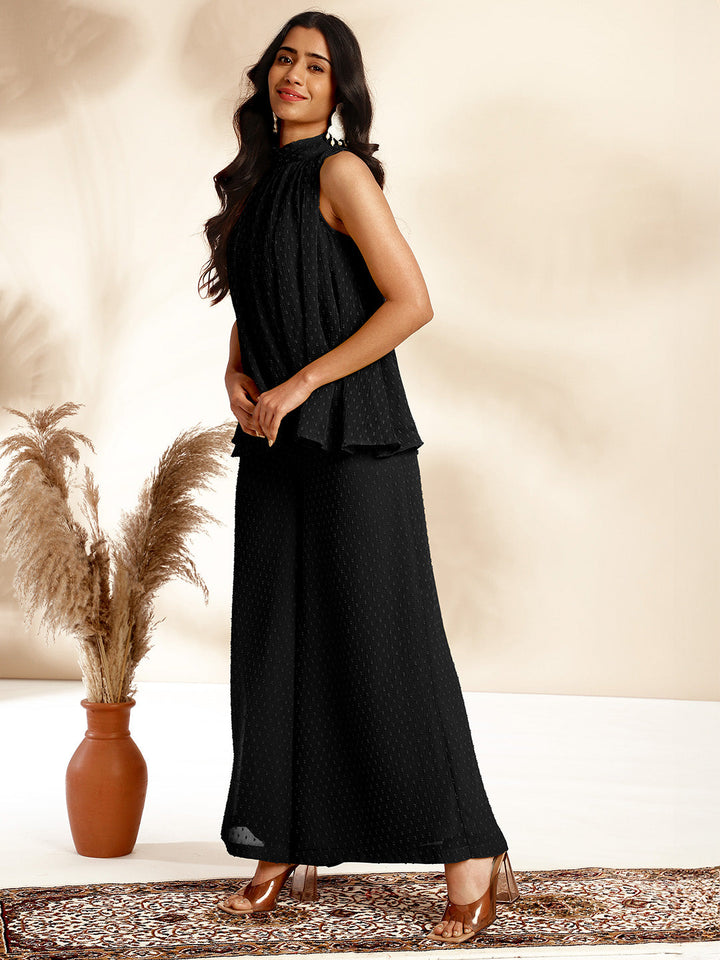 Black Chiffon Woven Design Gathered Co-Ord Set  - By Janasya