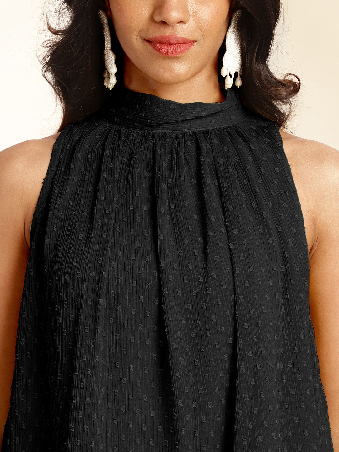 Black Chiffon Woven Design Gathered Co-Ord Set - qivii