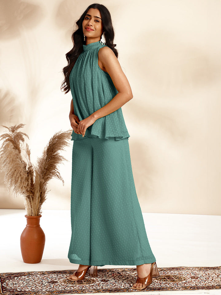 Sage Chiffon Woven Design Gathered Co-Ord Set  - By Janasya