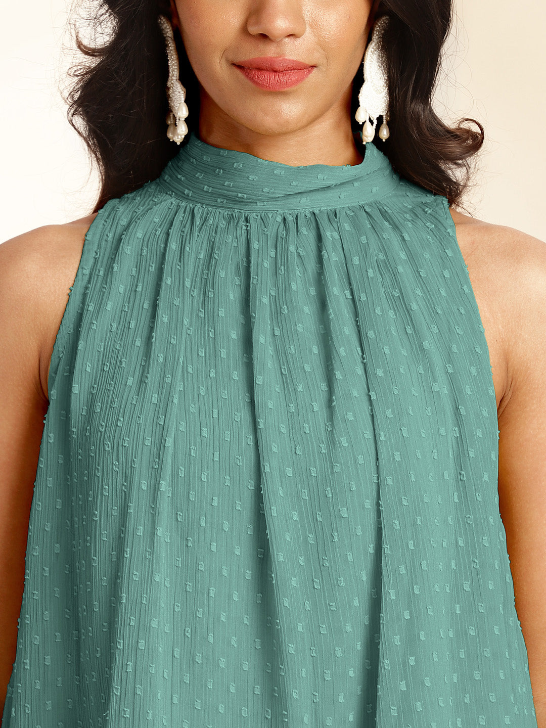 Sage Chiffon Woven Design Gathered Co-Ord Set - qivii