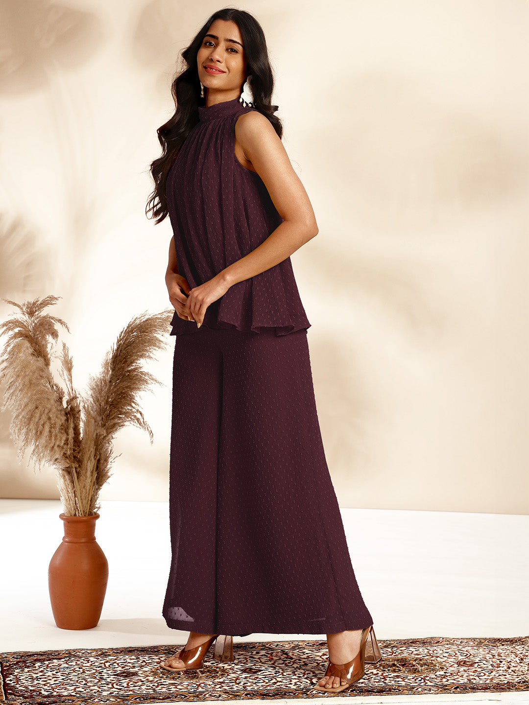 Wine Chiffon Woven Design Gathered Co-Ord Set  - By Janasya