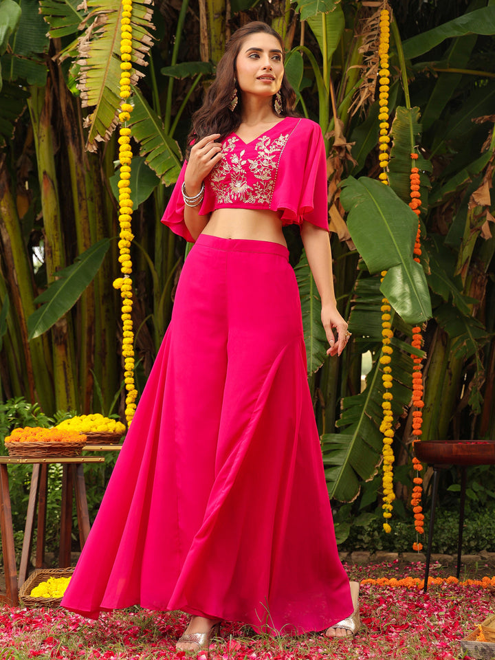 Pink Georgette Yoke Embroidered Co-Ord Set  - By Janasya