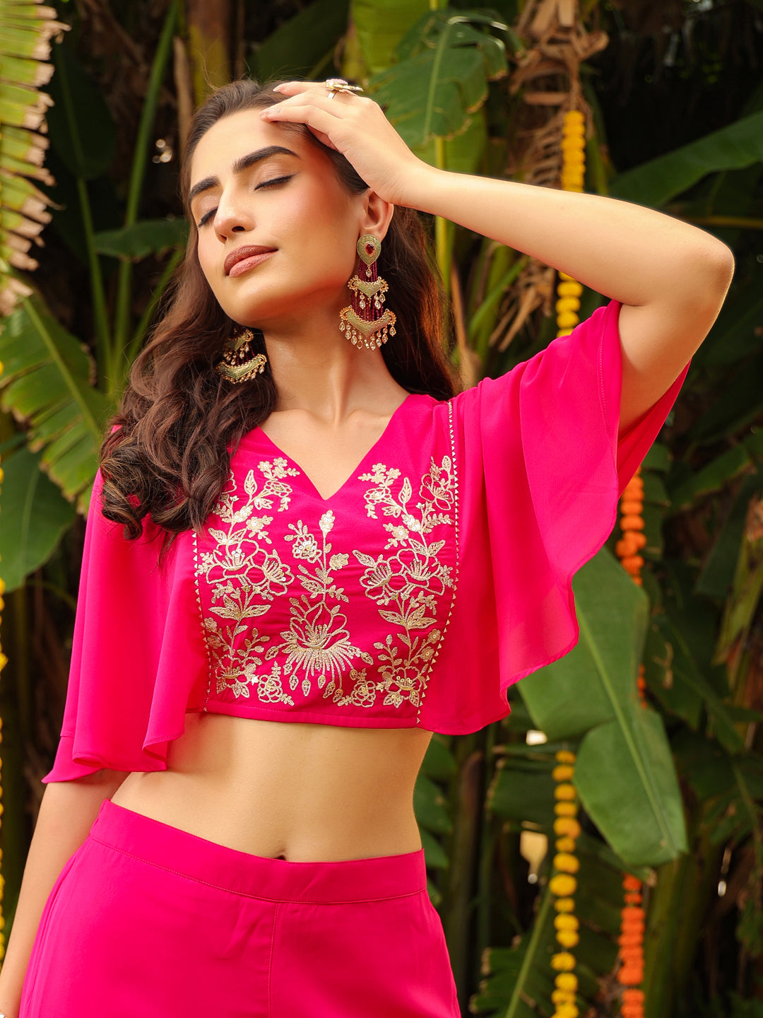 Pink Georgette Yoke Embroidered Co-Ord Set  - By Janasya