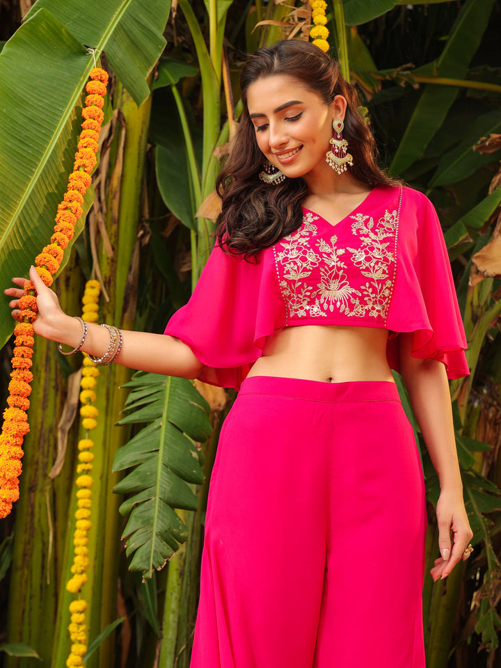 Pink Georgette Yoke Embroidered Co-Ord Set  - By Janasya