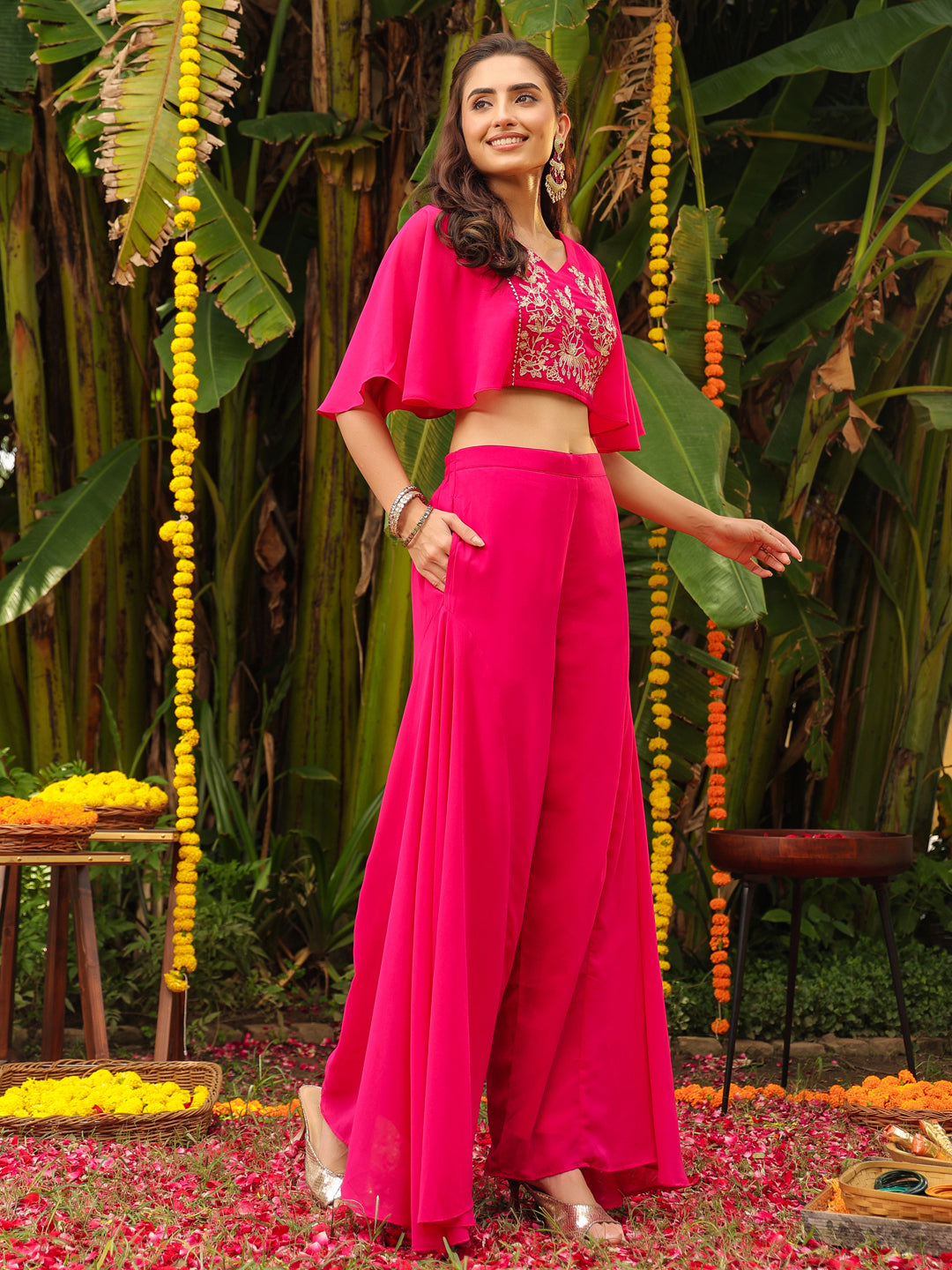 Pink Georgette Yoke Embroidered Co-Ord Set  - By Janasya