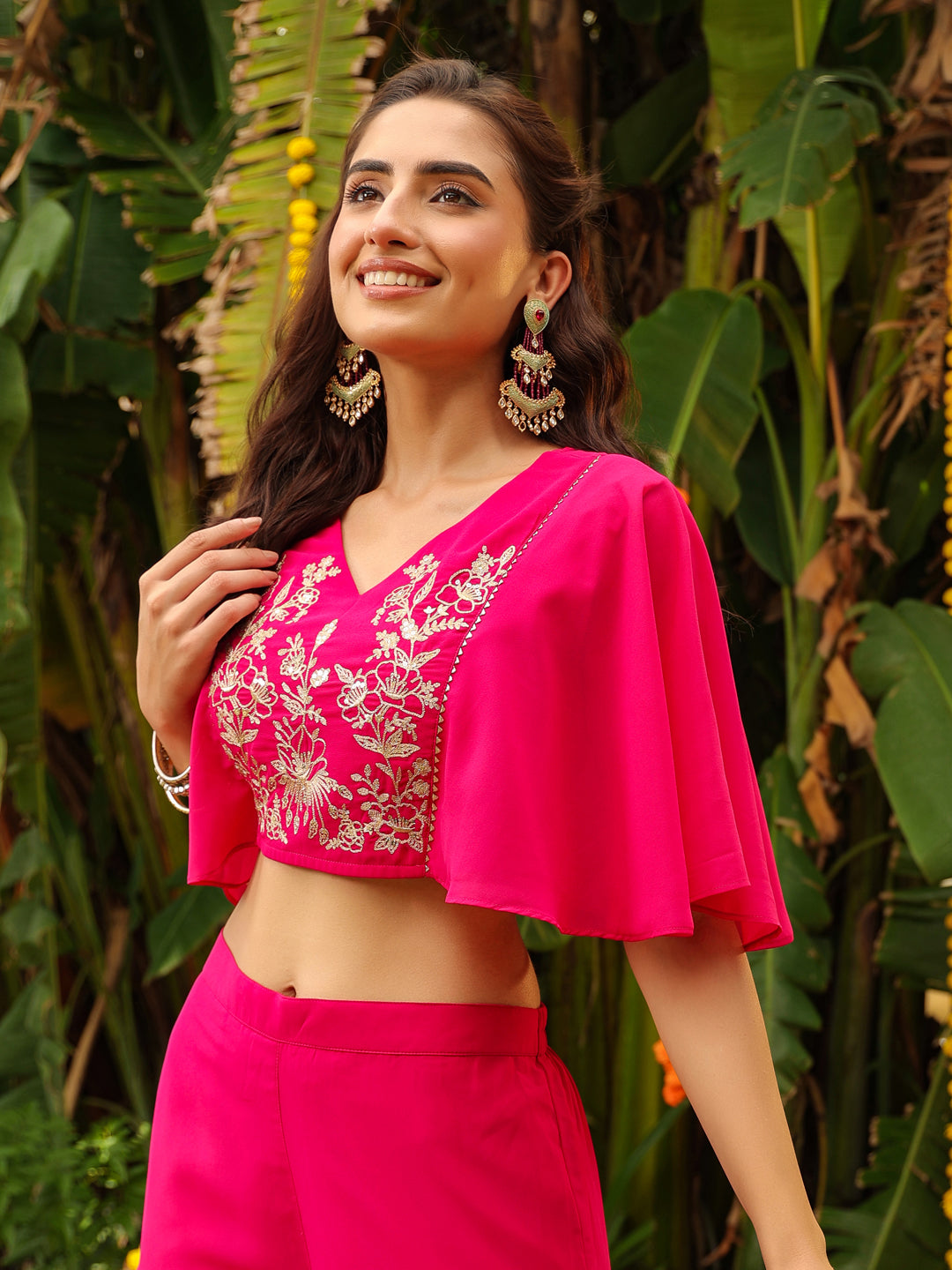 Pink Georgette Yoke Embroidered Co-Ord Set  - By Janasya