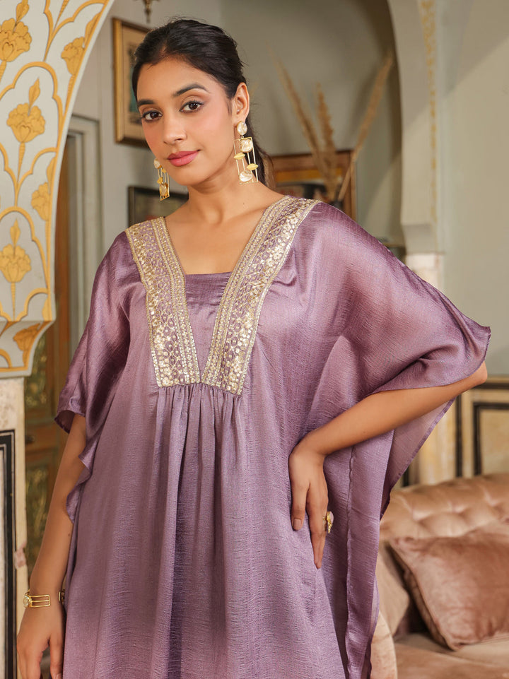 Lavender Silk Blend Yoke Embroidered Kaftan Co-Ord Set  - By Janasya