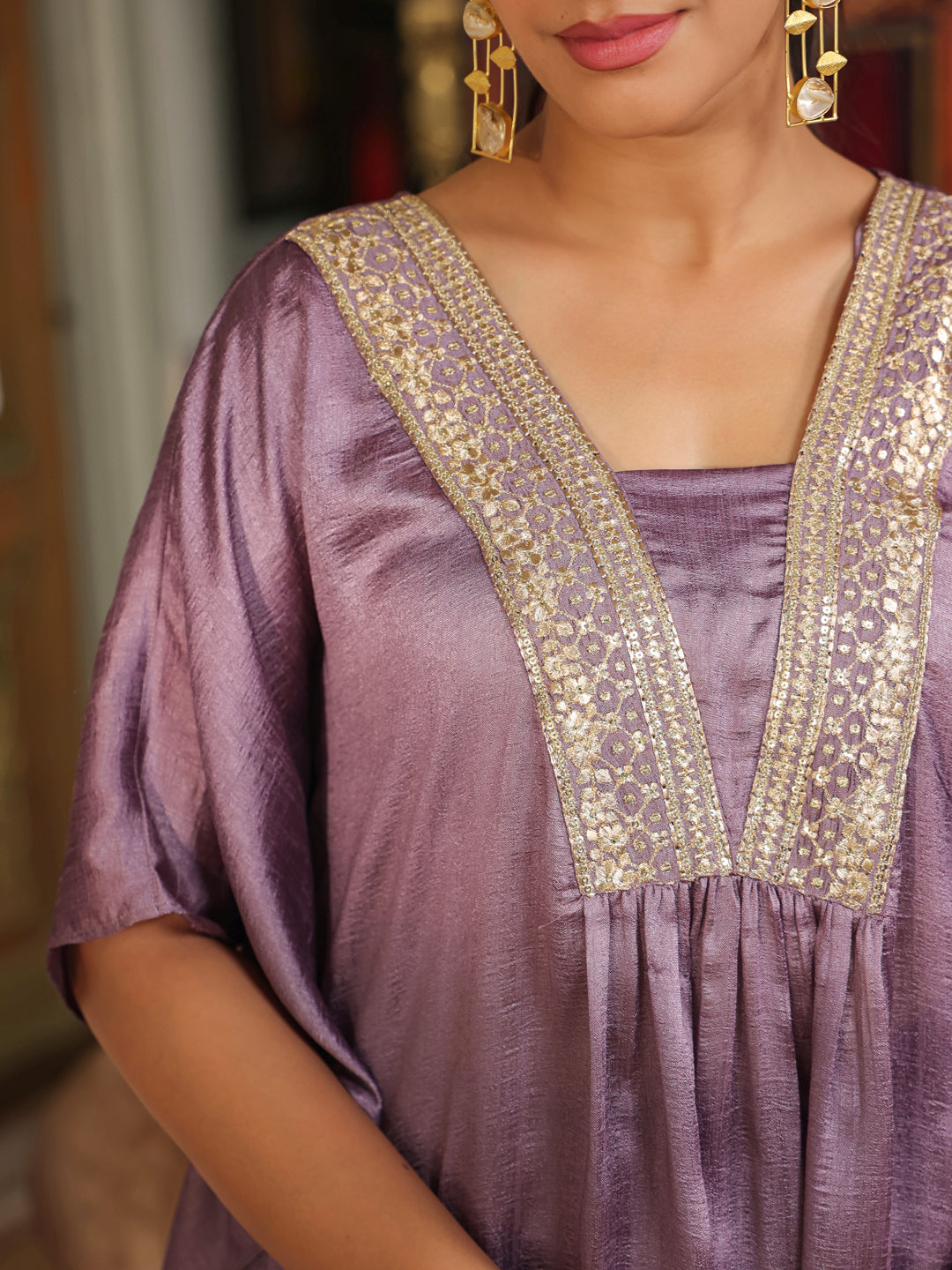 Lavender Silk Blend Yoke Embroidered Kaftan Co-Ord Set  - By Janasya