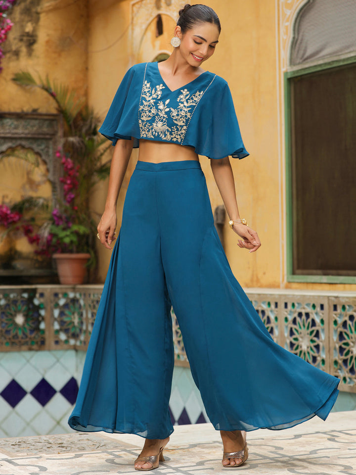 Teal Blue Georgette Yoke Embroidered Co-Ord Set  - By Janasya