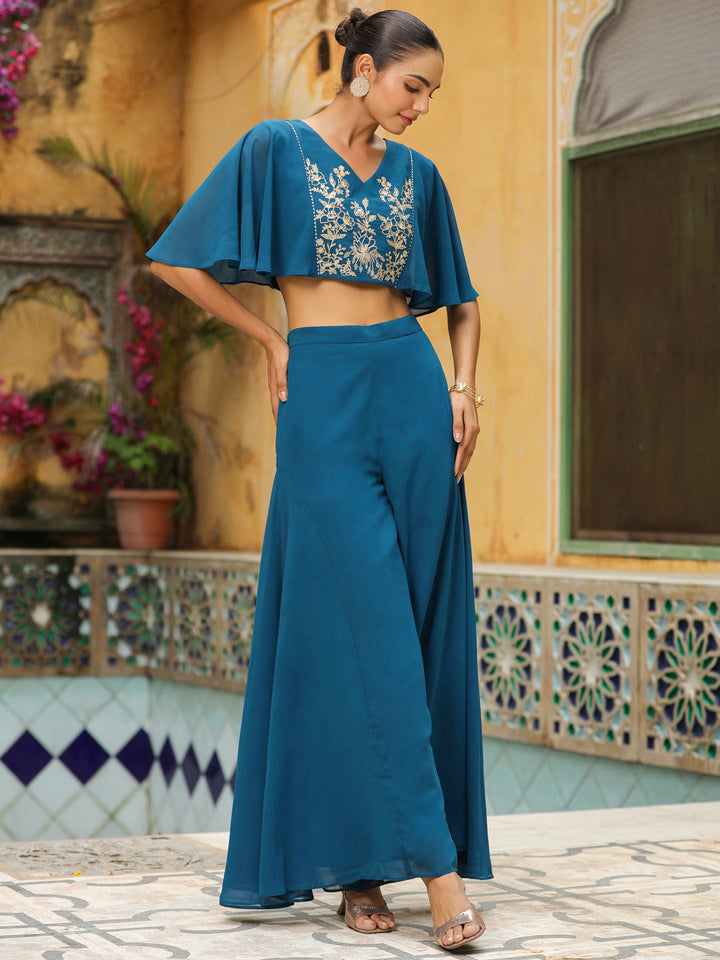 Teal Blue Georgette Yoke Embroidered Co-Ord Set  - By Janasya