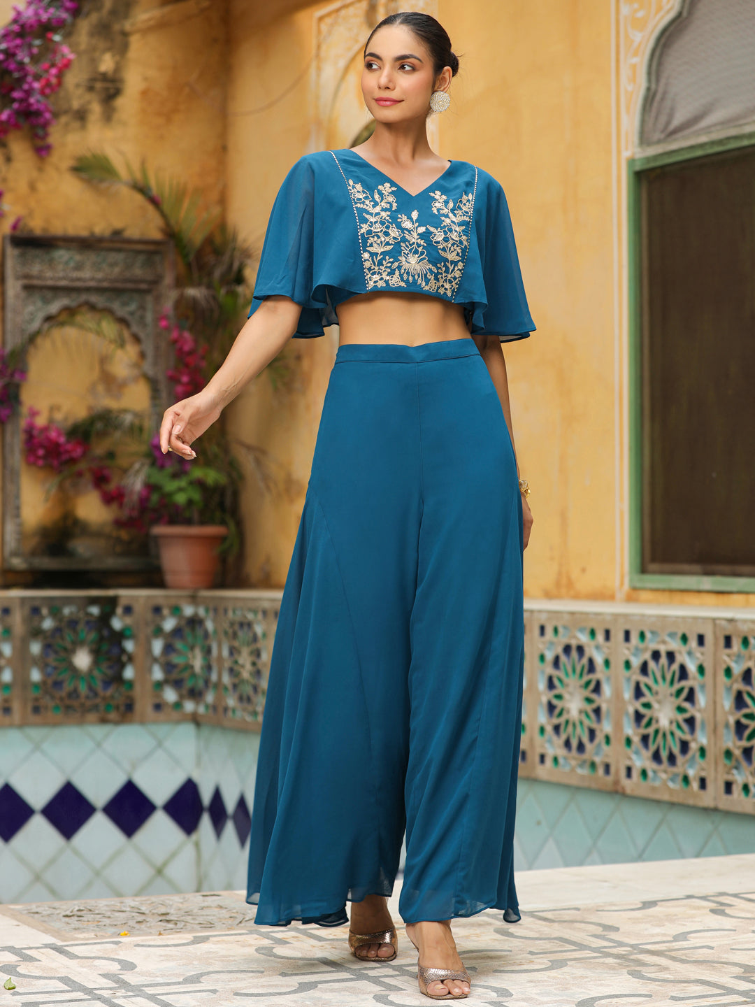 Teal Blue Georgette Yoke Embroidered Co-Ord Set  - By Janasya