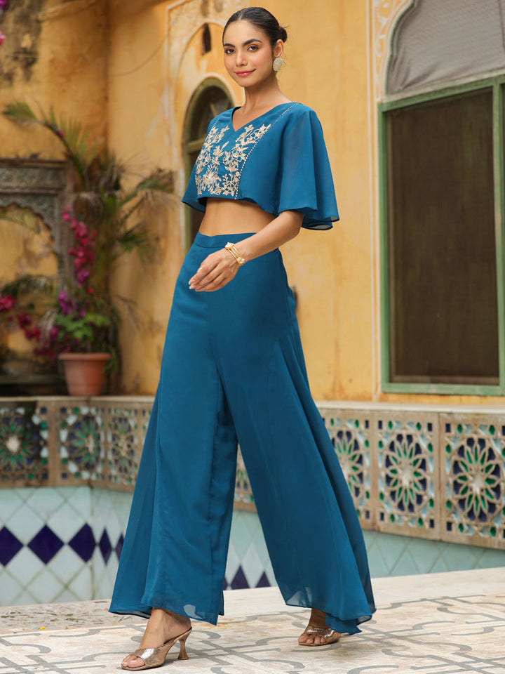 Teal Blue Georgette Yoke Embroidered Co-Ord Set  - By Janasya