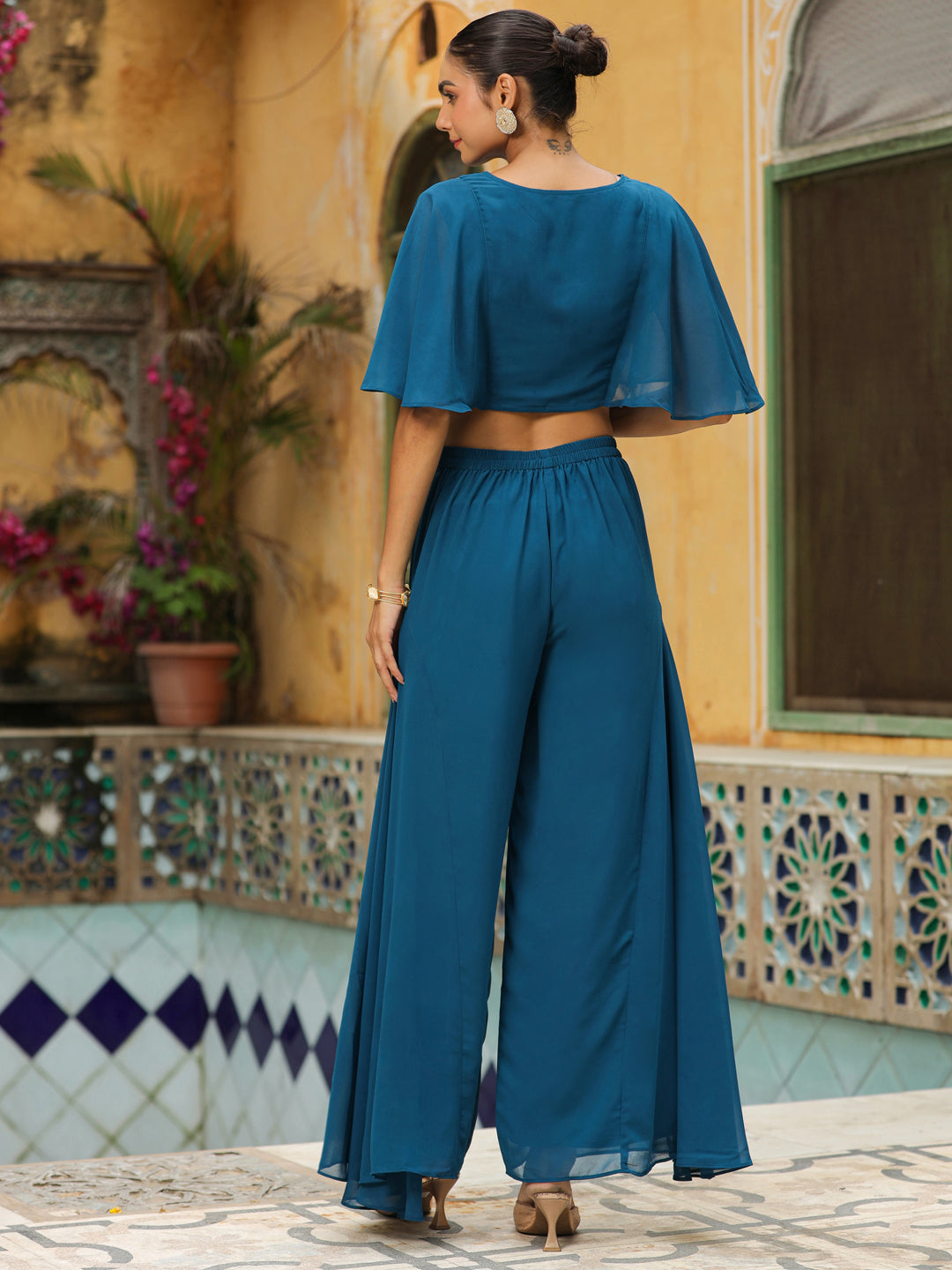 Teal Blue Georgette Yoke Embroidered Co-Ord Set  - By Janasya