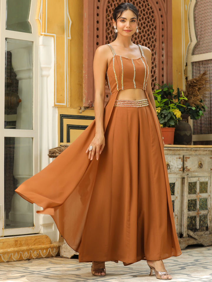 Brown Georgette Embellished Flared Co-Ord Set  - By Janasya