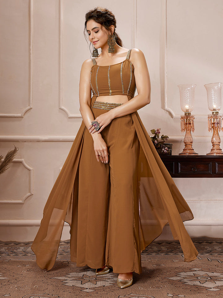 Brown Georgette Embellished Flared Co-Ord Set  - By Janasya