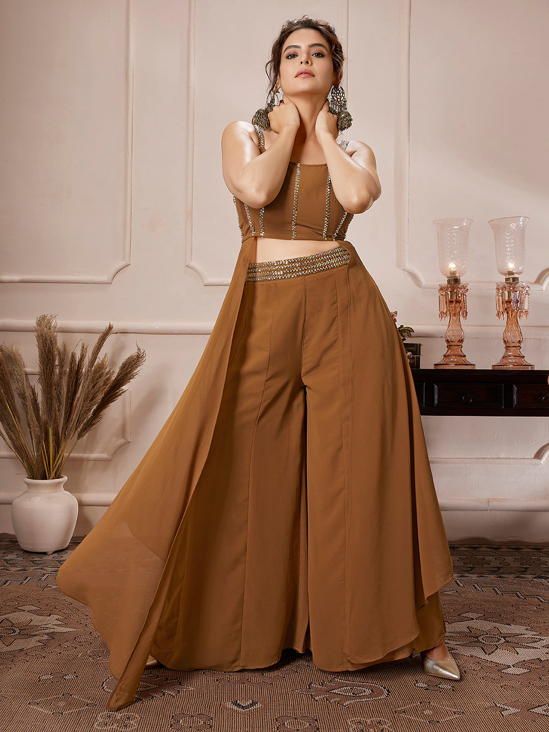 Brown Georgette Embellished Flared Co-Ord Set  - By Janasya