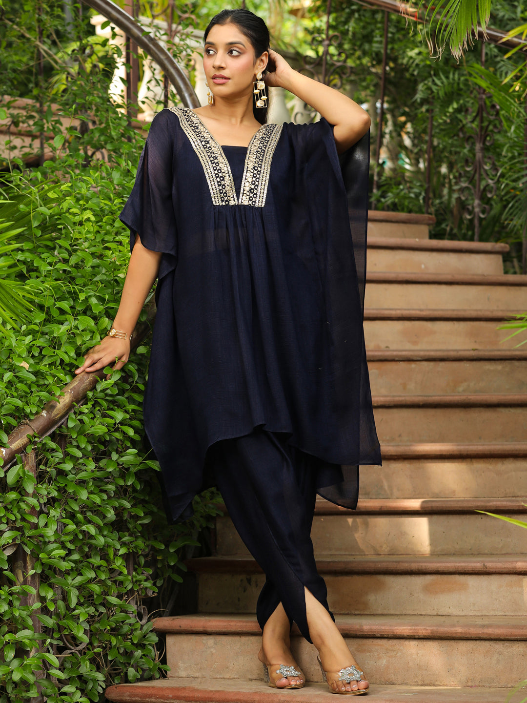 Navy Blue Silk Blend Yoke Embroidered Kaftan Co-Ord Set  - By Janasya