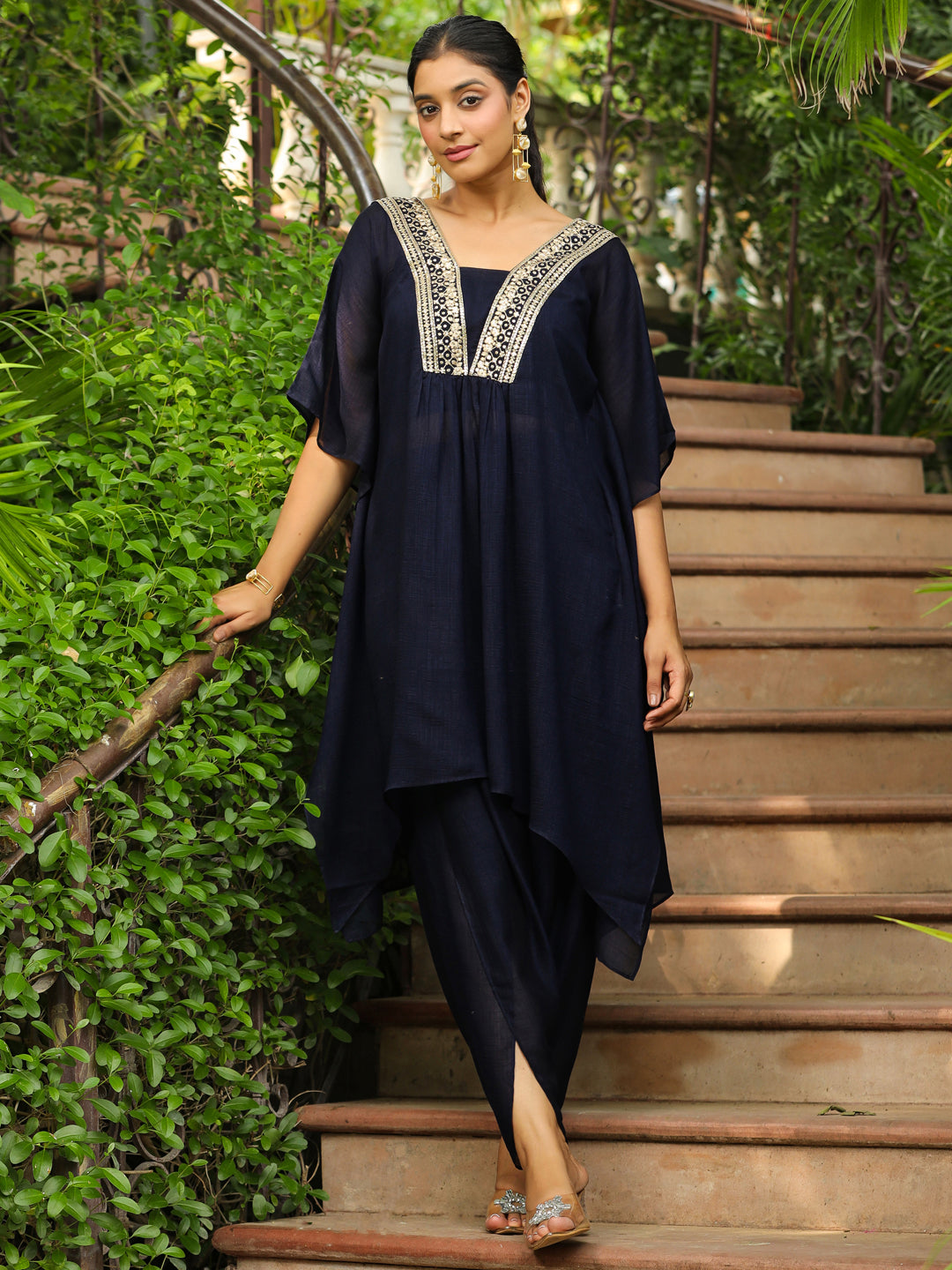 Navy Blue Silk Blend Yoke Embroidered Kaftan Co-Ord Set  - By Janasya