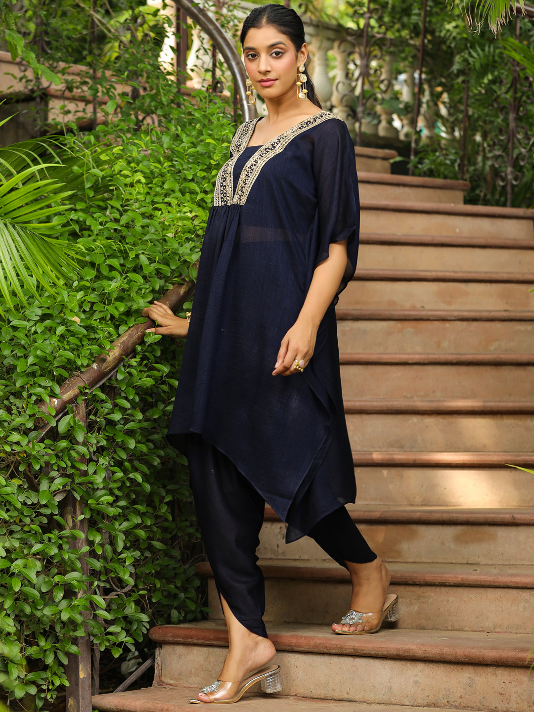 Navy Blue Silk Blend Yoke Embroidered Kaftan Co-Ord Set  - By Janasya