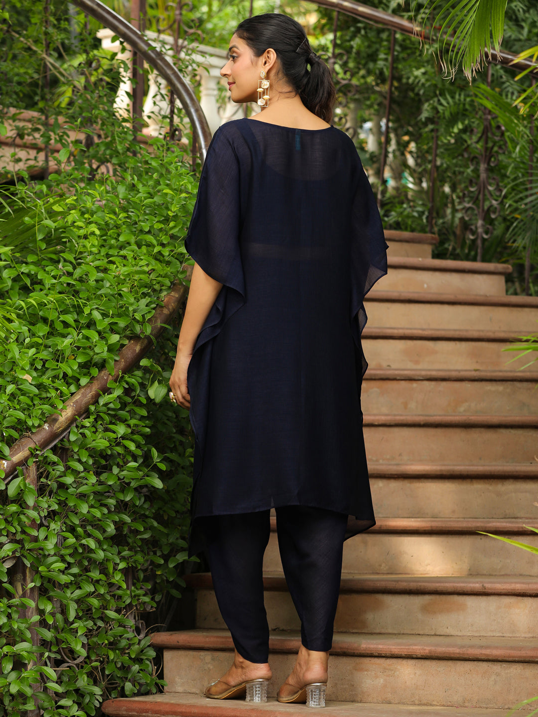 Navy Blue Silk Blend Yoke Embroidered Kaftan Co-Ord Set  - By Janasya