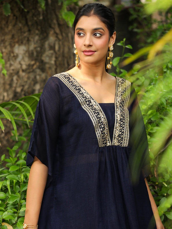 Navy Blue Silk Blend Yoke Embroidered Kaftan Co-Ord Set  - By Janasya