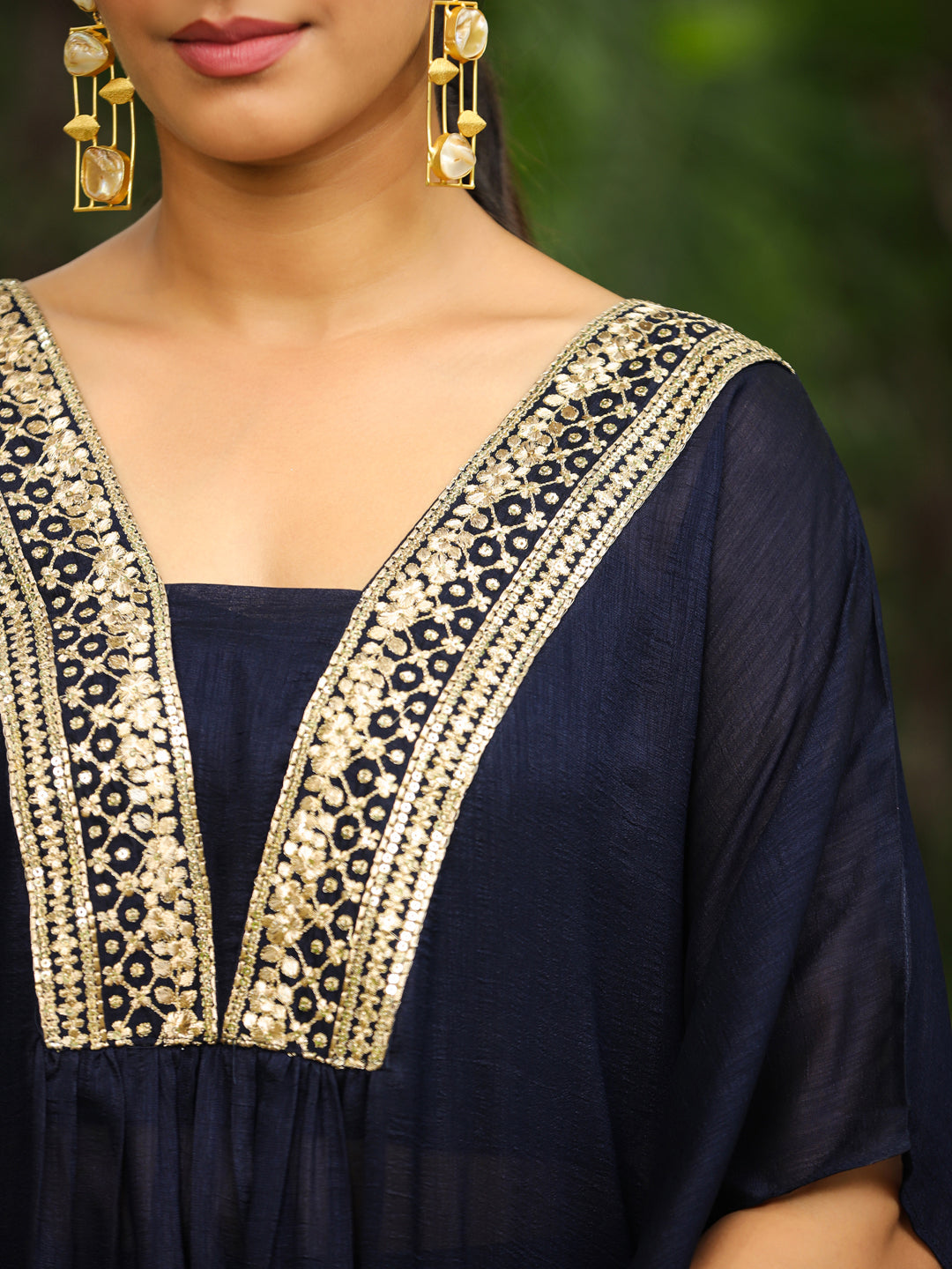 Navy Blue Silk Blend Yoke Embroidered Kaftan Co-Ord Set  - By Janasya