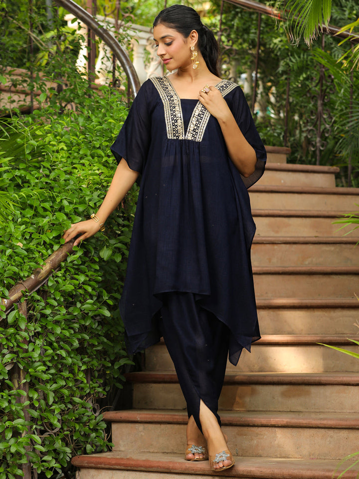 Navy Blue Silk Blend Yoke Embroidered Kaftan Co-Ord Set  - By Janasya