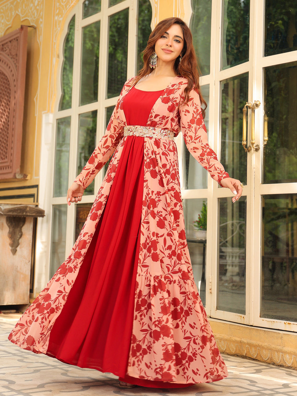 Maroon Georgette Floral Printed Embroidered Belted Dress With Jacket - By Janasya, a stylish and elegant ensemble perfect for any special occasion