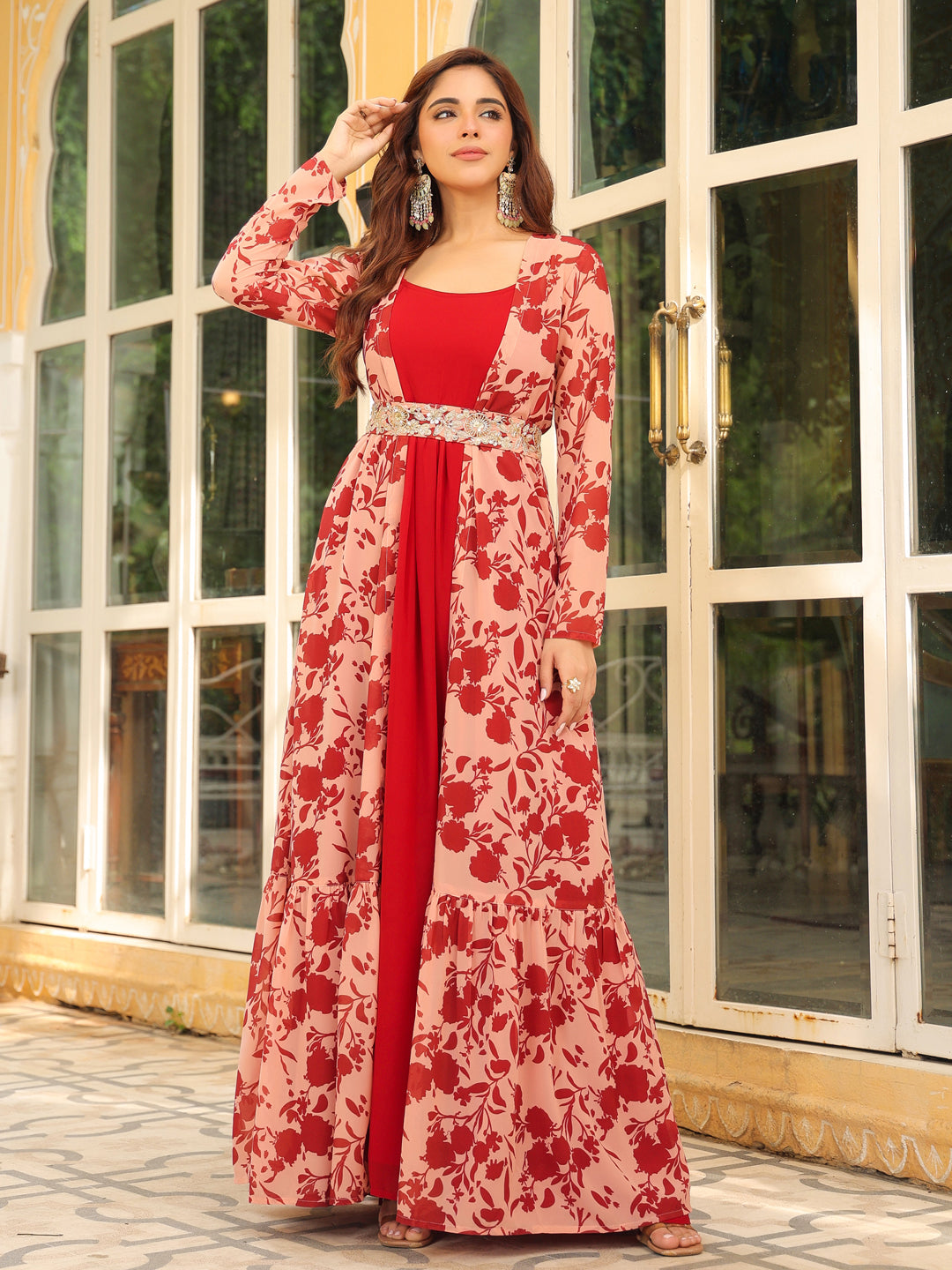 Maroon Georgette floral printed embroidered belted dress with jacket by Janasya, perfect for an elegant evening event or special occasion