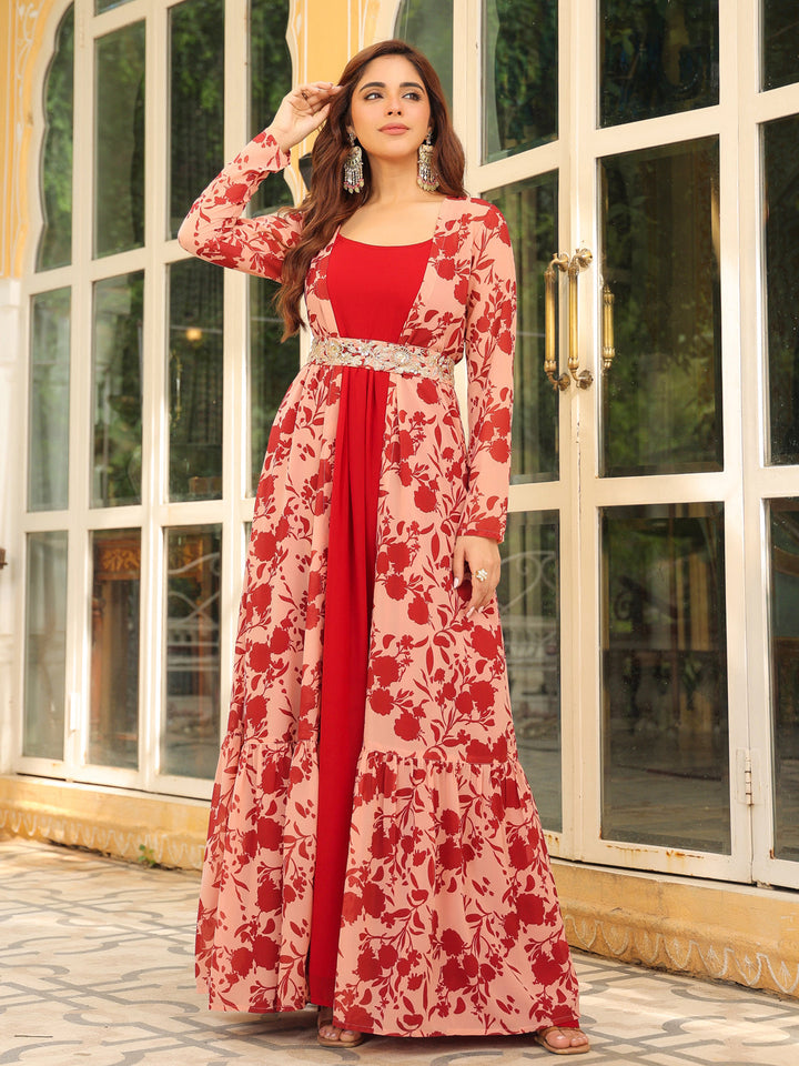 Maroon Georgette Floral Printed Embroidered Belted Dress With Jacket  - By Janasya