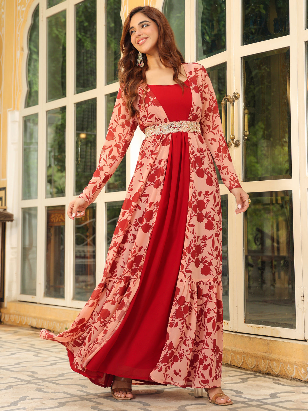 Maroon Georgette Floral Printed Embroidered Belted Dress With Jacket  - By Janasya