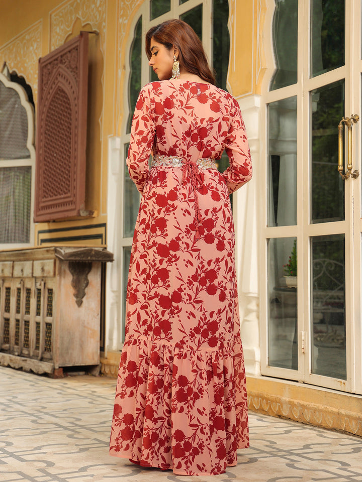 Maroon georgette floral printed belted dress with embroidered jacket by Janasya, perfect for a stylish and elegant look