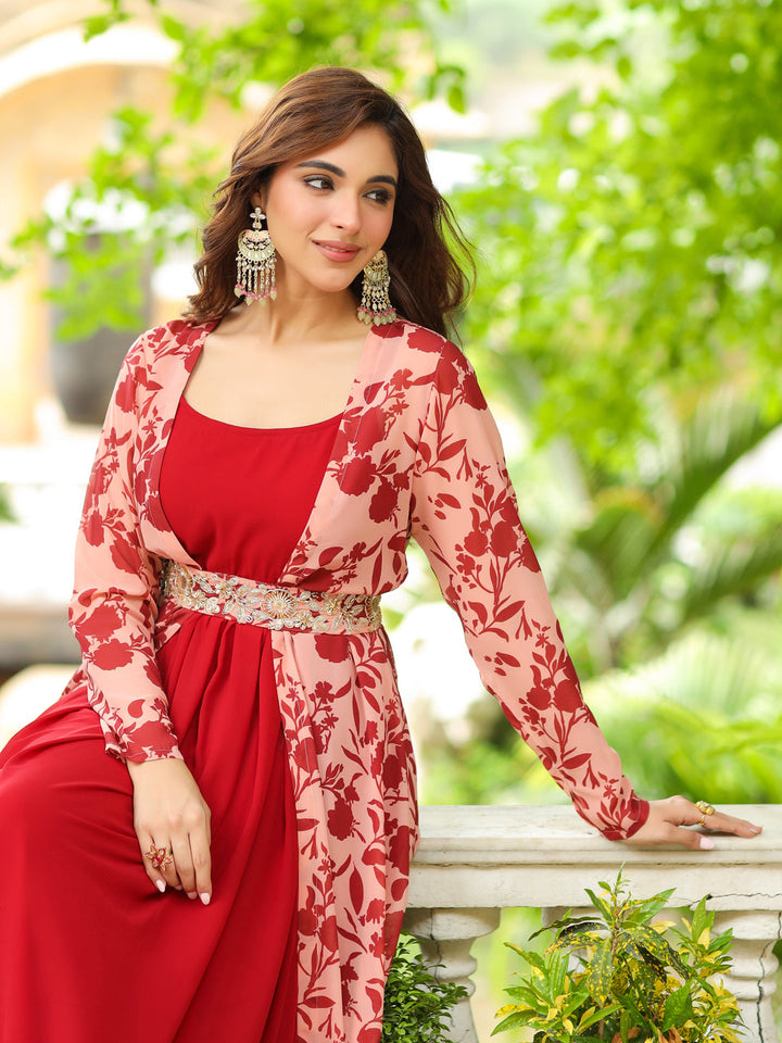 Maroon Georgette Floral Printed Embroidered Belted Dress With Jacket  - By Janasya