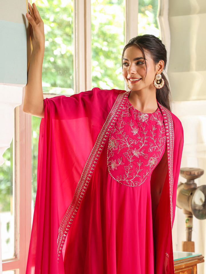 Pink Georgette Embroidered Anarkali Dress With Cape  - By Janasya