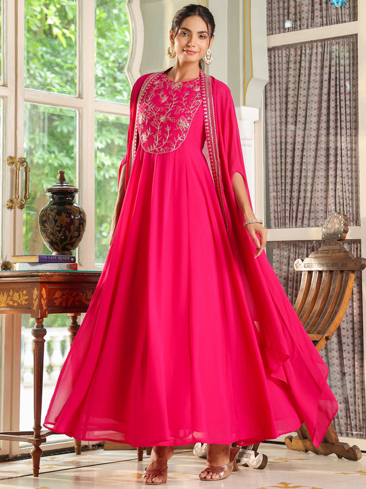 Pink Georgette Embroidered Anarkali Dress With Cape  - By Janasya