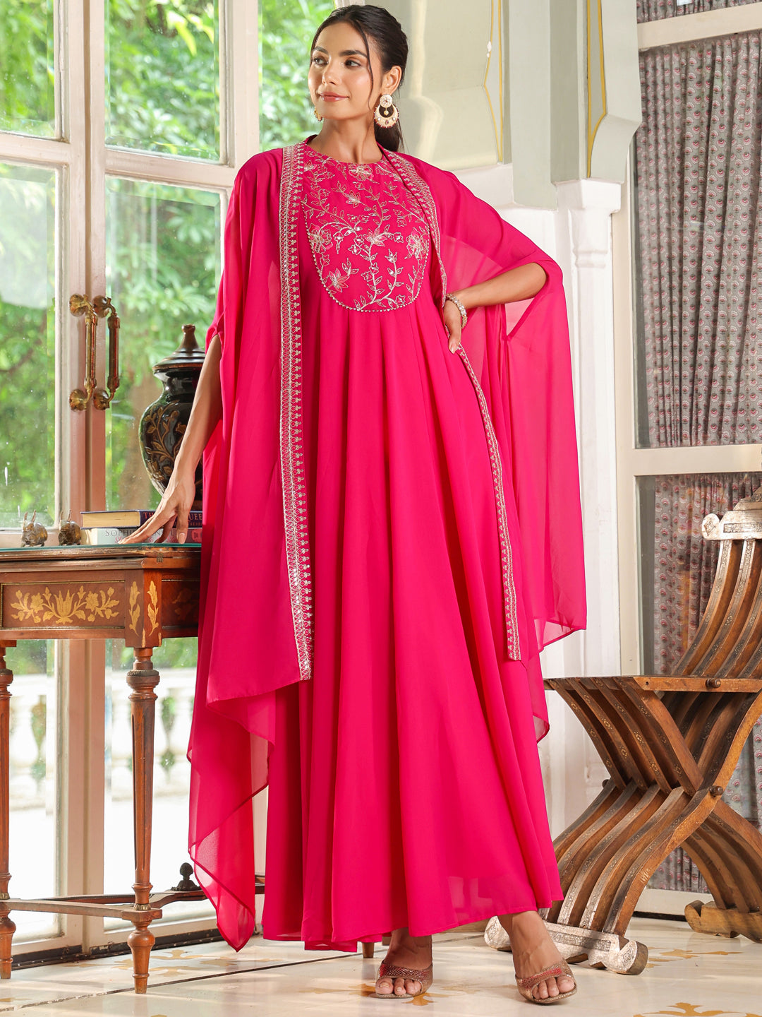 Pink Georgette Embroidered Anarkali Dress With Cape  - By Janasya