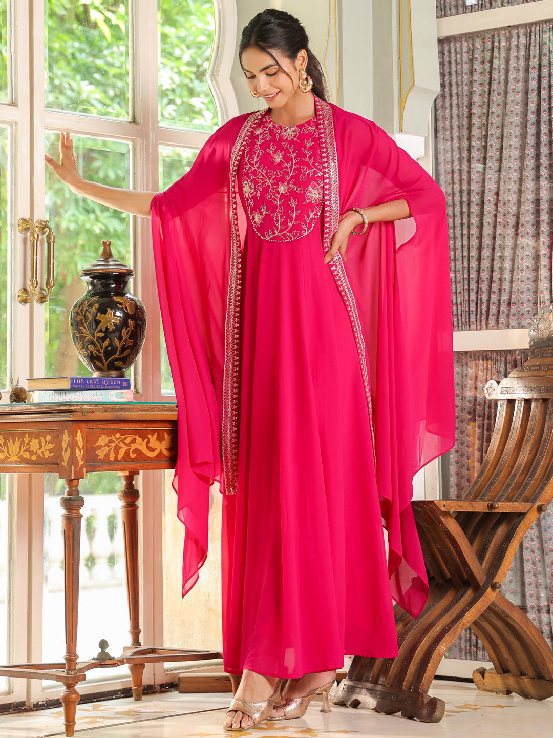 Pink Georgette Embroidered Anarkali Dress With Cape  - By Janasya