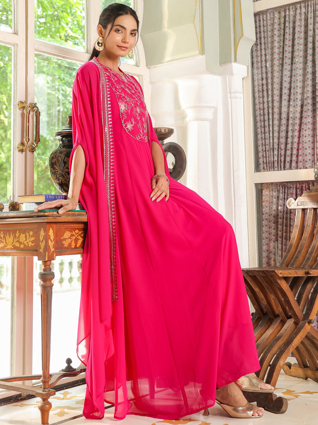 Pink Georgette Embroidered Anarkali Dress With Cape  - By Janasya