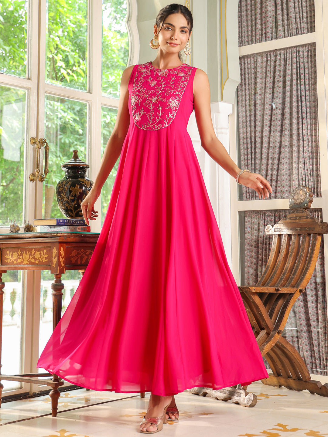 Pink Georgette Embroidered Anarkali Dress With Cape  - By Janasya