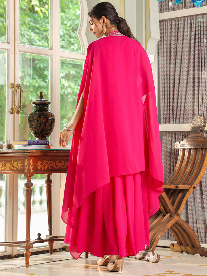 Pink Georgette Embroidered Anarkali Dress With Cape  - By Janasya