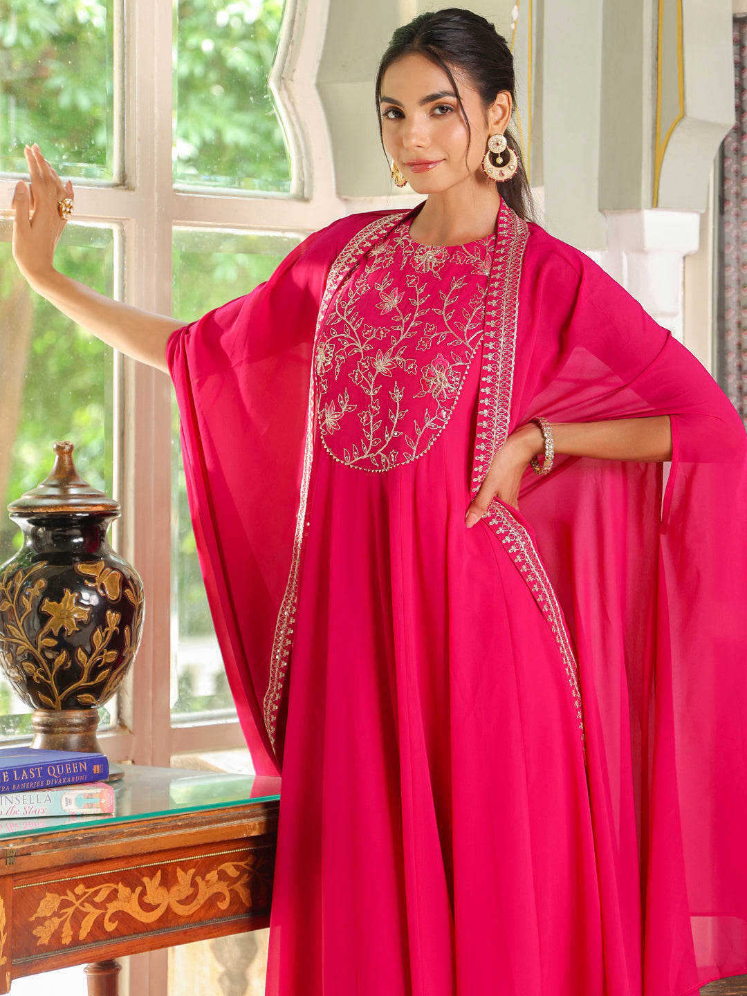 Pink Georgette Embroidered Anarkali Dress With Cape  - By Janasya