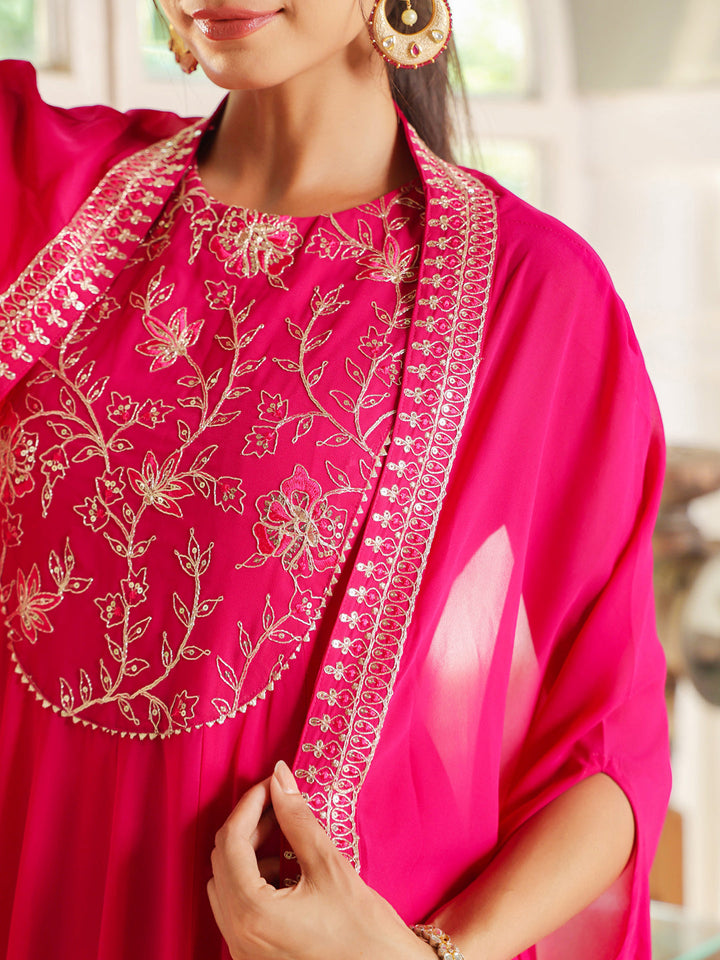 Pink Georgette Embroidered Anarkali Dress With Cape  - By Janasya