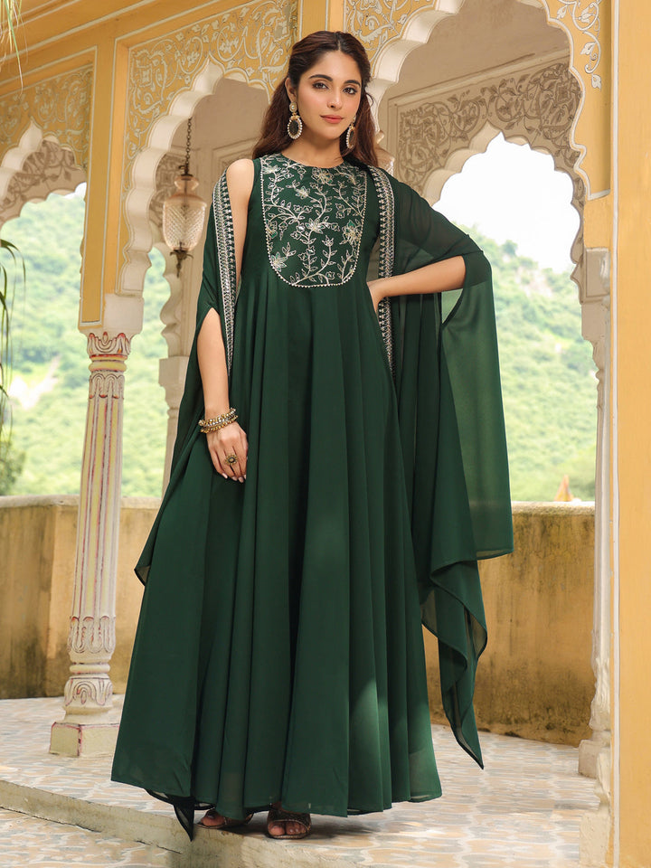 Dark Green Georgette Embroidered Anarkali Dress With Cape  - By Janasya