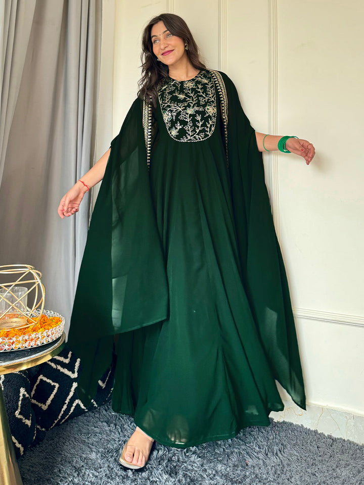 Dark Green Georgette Embroidered Anarkali Dress With Cape  - By Janasya