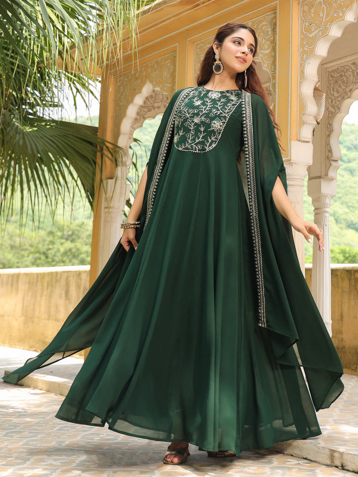 Dark Green Georgette Embroidered Anarkali Dress With Cape  - By Janasya