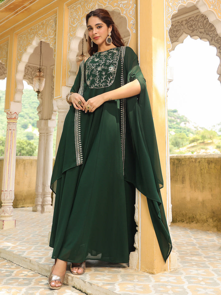 Dark Green Georgette Embroidered Anarkali Dress With Cape  - By Janasya