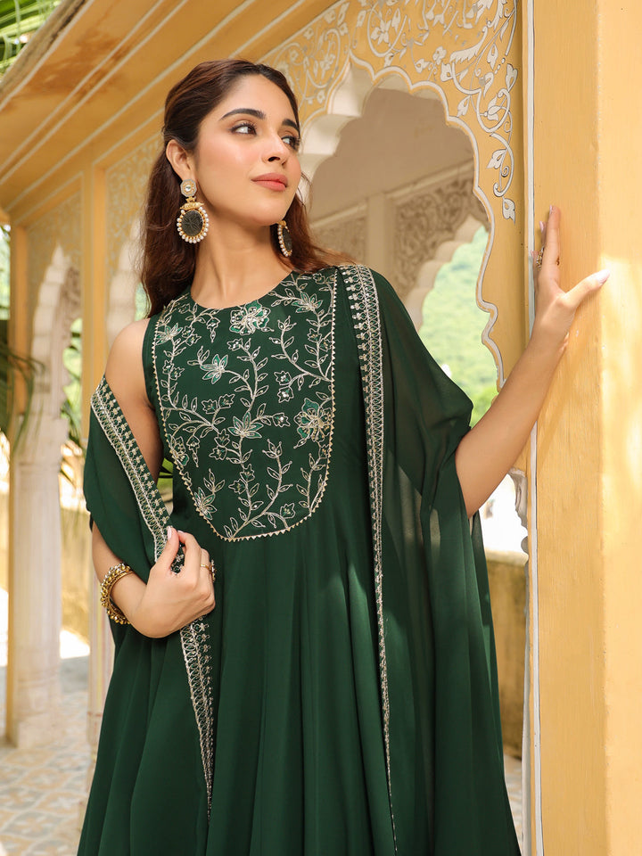 Dark Green Georgette Embroidered Anarkali Dress With Cape  - By Janasya