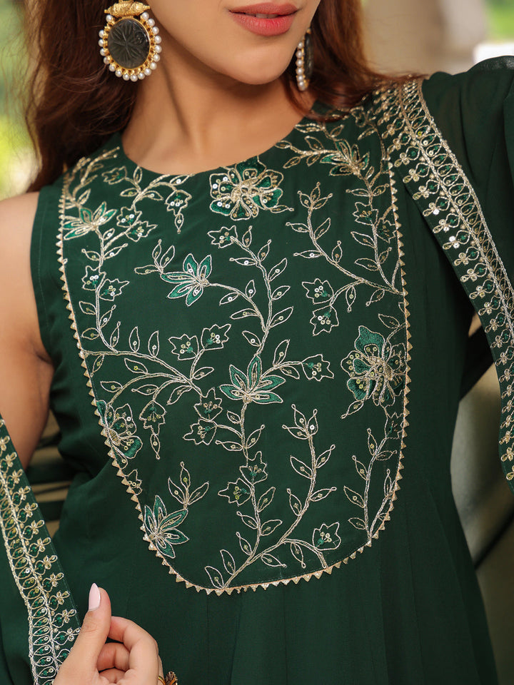 Dark Green Georgette Embroidered Anarkali Dress With Cape  - By Janasya