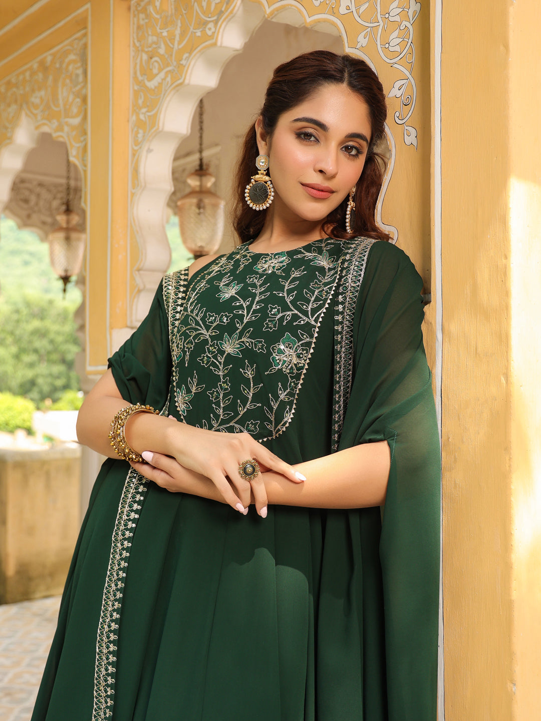 Dark Green Georgette Embroidered Anarkali Dress With Cape  - By Janasya